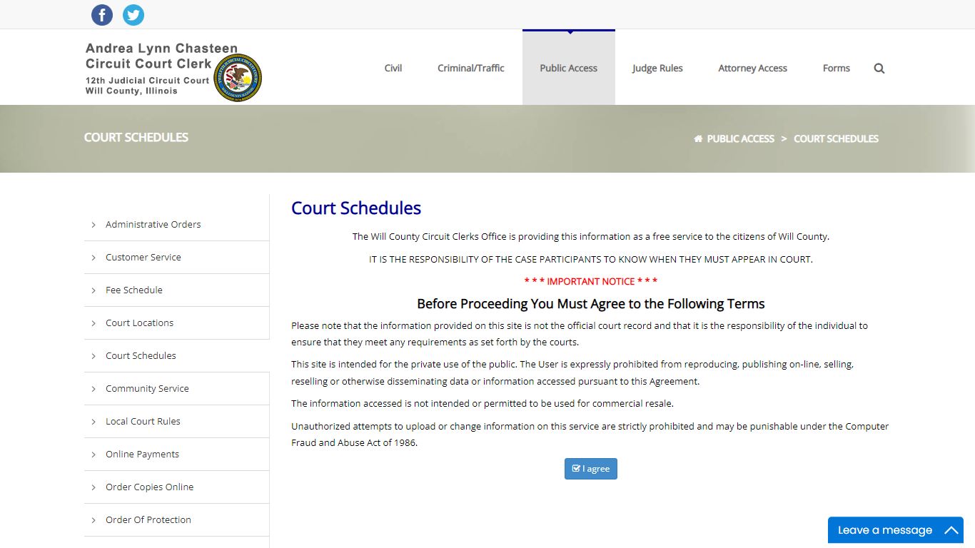 Court Schedules - The Will County Circuit Court Clerk